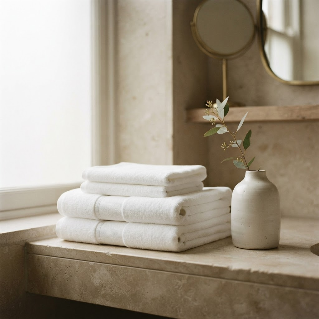 A quiet still life of neatly folded white linens and a single stem, in soft natural light.