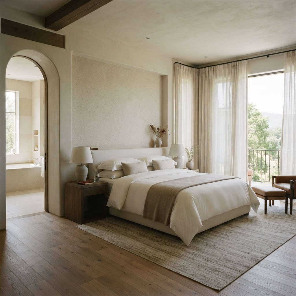 A serene luxury suite dressed in crisp white linen, softly lit by morning daylight.