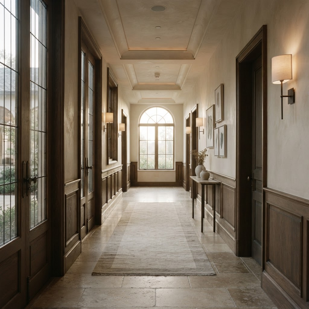 An empty, serene luxury corridor at dawn with warm oak and soft daylight.
